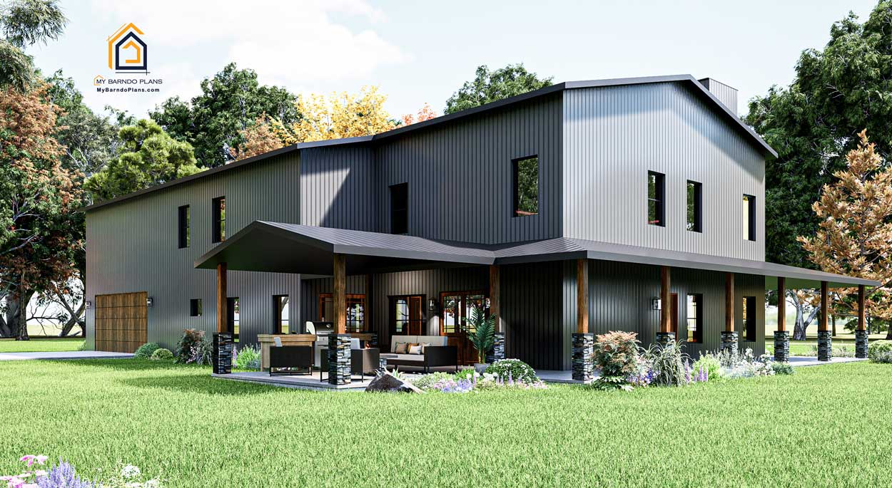 Back of double d ranch barndominium showing patio slate siding black roof