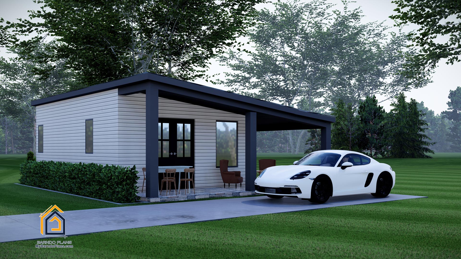 The side kick adu floor plan 3d rendering right side of adu