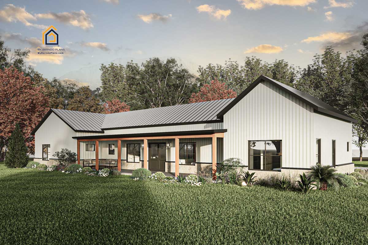 Back of prairie barndo floorplan rendering white metal siding black pbr roof