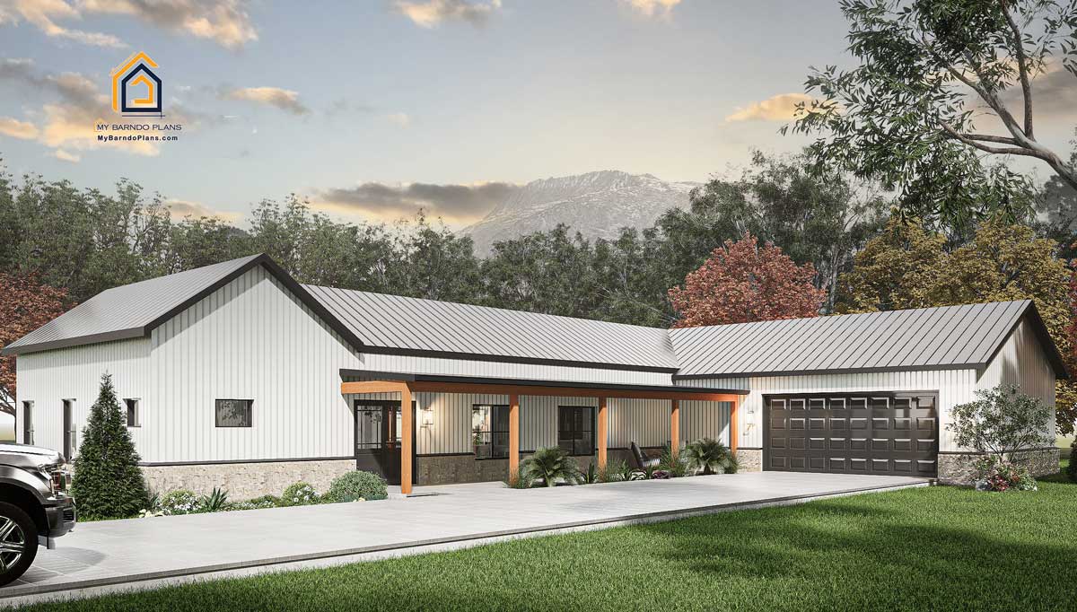 Prairie barndominium floor plan front of home white siding black metal roof